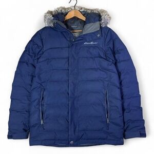 Eddie Bauer Navy Blue Down Parka Jacket Men's Small Faux Fur Hood